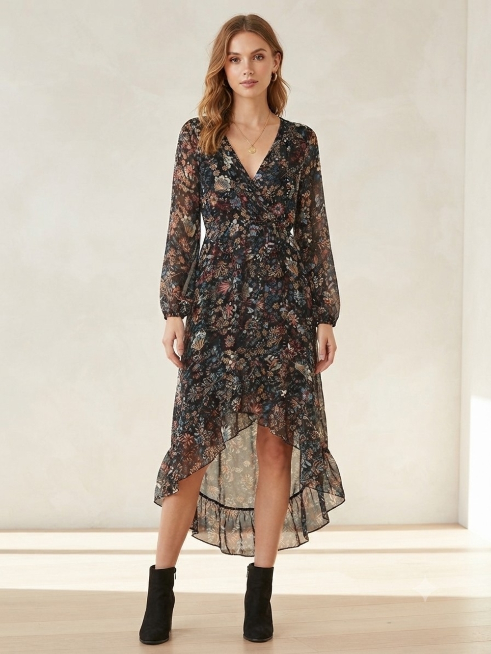 Sheer Floral Wrap High-Low Dress in Black Floral